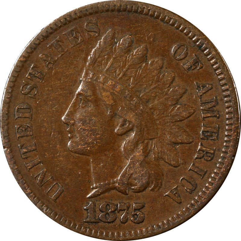 1875 United States Indian Head Copper Cent: 1875 United States Indian Head Copper Cent This 1875 Indian Cent is a circulated U.S. coin composed of copper. It dates back to 1875 and is offered in pre-owned condition. The coin is uncertified. Spe
