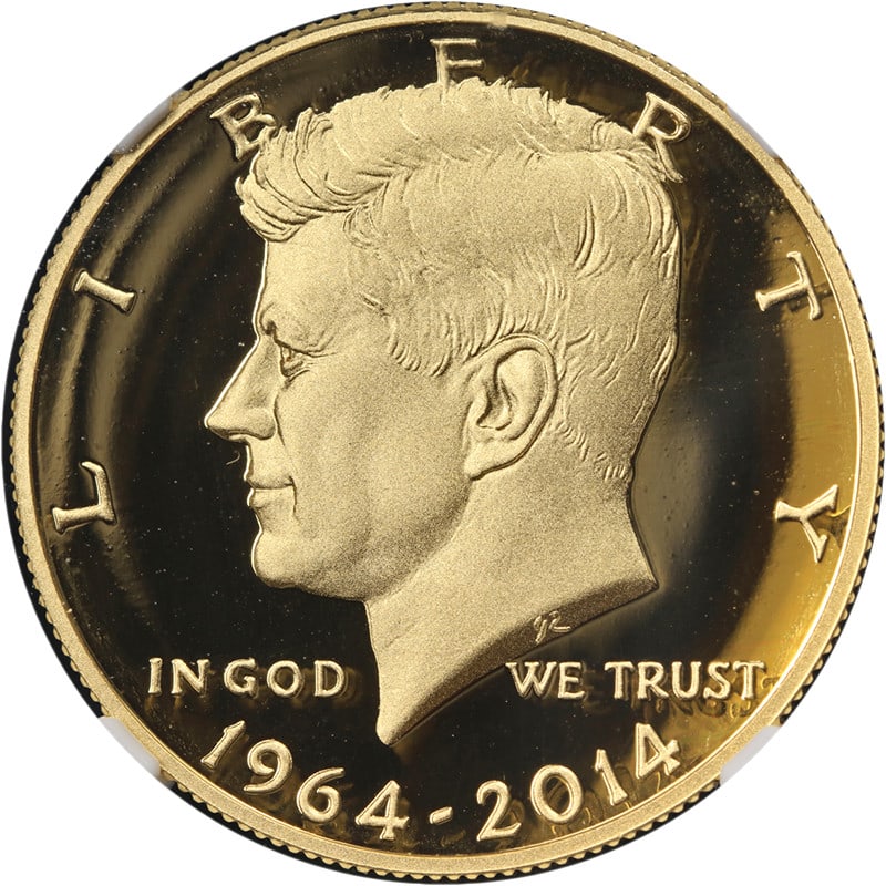 2014-W Kennedy gold half dollar NGC PF70 Ultra Cameo high relief: 2014-W Kennedy gold half dollar NGC PF70 Ultra Cameo high relief This is a 2014-W Kennedy 50th Anniversary Gold 50c coin, struck in high relief and graded by NGC as PF70 Ultra Cameo. The coin is compo