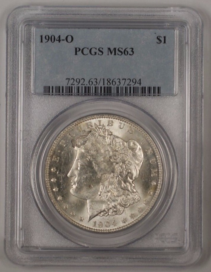 PCGS MS-63 1904-O Morgan Silver Dollar New Orleans Mint Set of 2: PCGS MS-63 1904-O Morgan Silver Dollar New Orleans Mint Set of 2 This is a 1904-O Morgan Silver Dollar $1 coin, graded MS 63 by PCGS. Minted in New Orleans, this uncirculated coin is composed of silve