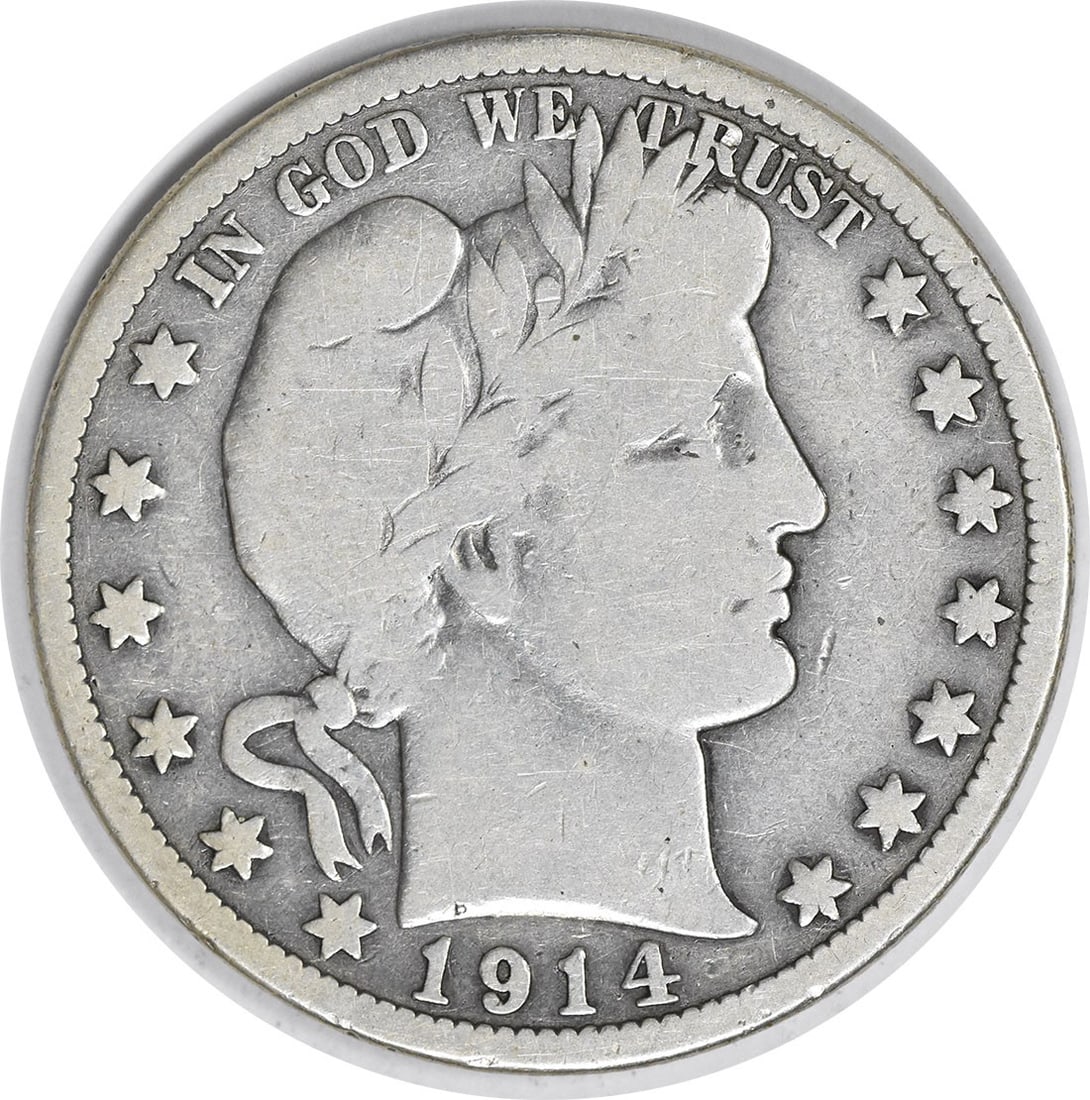 1914 50C Barber Half Dollar Silver VG Uncertified: 1914 50C Barber Half Dollar Silver VG Uncertified 1914 Barber Half Dollar in circulated VG condition. This uncertified United States 50C coin is a pre-owned silver issue from the Barber series. Specif