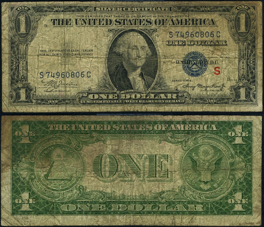 1935-A $1 Silver Certificate with S Surcharge FR. 1610 Fine: 1935-A $1 Silver Certificate with S Surcharge FR. 1610 Fine This 1935-A $1 Silver Certificate (FR. 1610) features the 'S' surcharge designation and is graded as Fine. The note has been circulated, sho