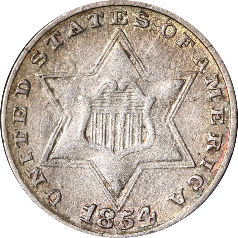 1854 United States 3 Cent Silver Coin 0.9 Fineness: 1854 United States 3 Cent Silver Coin 0.9 Fineness 1854 Three Cent Silver coin from the United States. This pre-owned example is uncertified and circulated. Specifications Item Type: Coin Denomination
