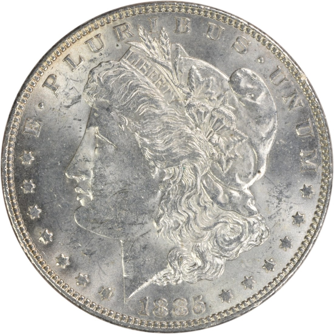 1885 Silver Morgan Dollar Brilliant Uncirculated Uncertified Coin: 1885 Silver Morgan Dollar Brilliant Uncirculated Uncertified Coin This is an uncirculated 1885 Morgan Silver Dollar from the United States, featuring a brilliant uncirculated (BU) grade. The coin is u