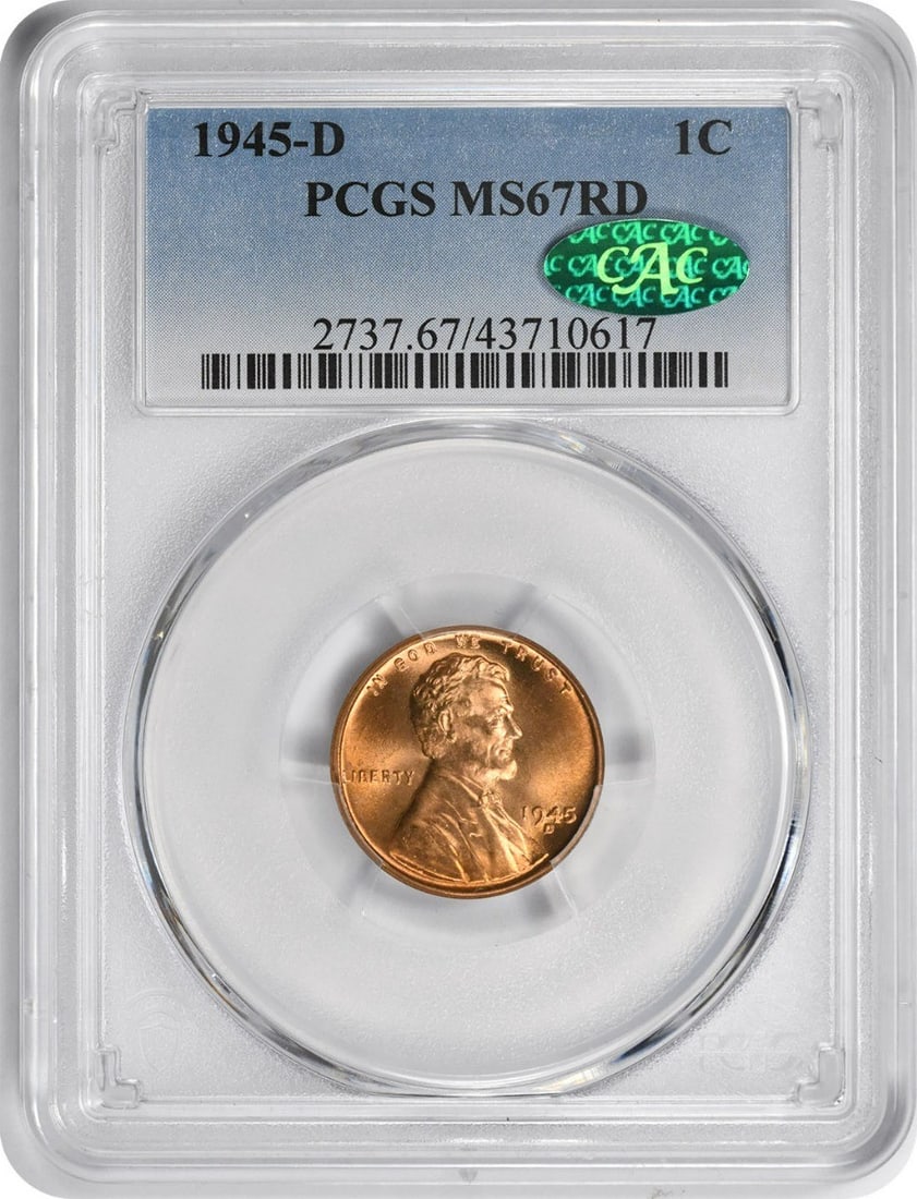 1945-D Lincoln Cent MS67RD PCGS CAC Uncirculated Copper Coin: 1945-D Lincoln Cent MS67RD PCGS CAC Uncirculated Copper Coin This 1945-D Lincoln Cent is an exceptional example graded MS67RD by PCGS, featuring a stunning red finish. Minted in Denver, this coin is p