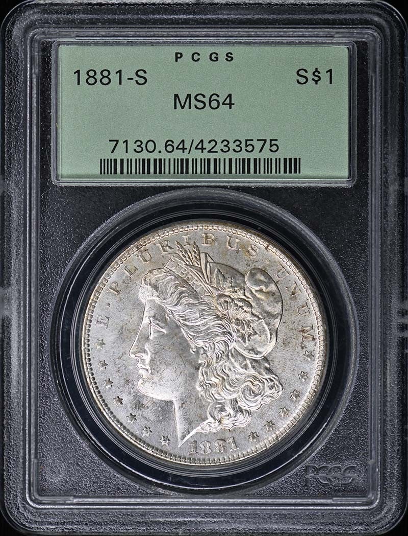 1881-S Morgan Dollar PCGS MS64 San Francisco Mint: 1881-S Morgan Dollar PCGS MS64 San Francisco Mint This 1881 Morgan Dollar was minted in San Francisco and is graded MS64 by PCGS. Housed in an Old Green Holder (OGH), this uncirculated coin is a class