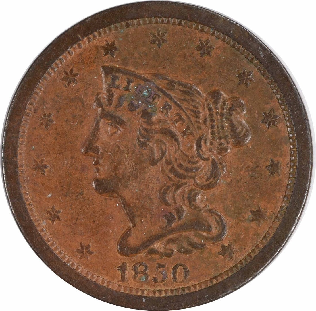 1850 Braided Hair Half Cent XF Copper Uncertified Coin: 1850 Braided Hair Half Cent XF Copper Uncertified Coin This 1850 Half Cent features the Braided Hair design by Christian Gobrecht, showcasing a rich history from the Philadelphia Mint. The coin is in 