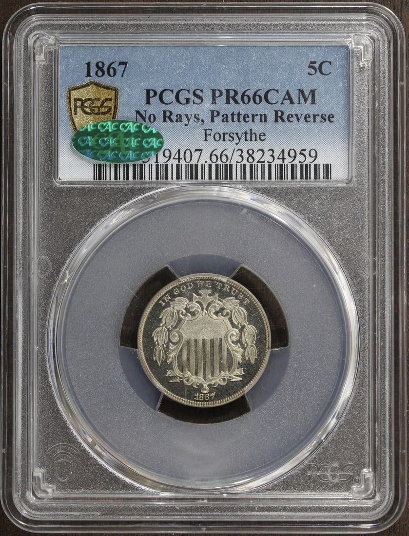 1867 Shield Nickel 5C PCGS PR66 CAMEO CAC No Rays Reverse: 1867 Shield Nickel 5C PCGS PR66 CAMEO CAC No Rays Reverse 1867 Shield Nickel 5C graded PR66 Cameo by PCGS with CAC approval. This pre-owned United States coin features the No Rays variety and Pattern 
