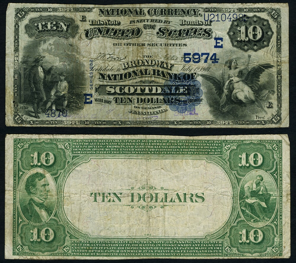 1882 VB $10 National Bank Note Scottdale PA Ch #5974 Broadway NB: 1882 VB $10 National Bank Note Scottdale PA Ch #5974 Broadway NB This 1882 $10 National Bank Note from Scottdale, PA, is a remarkable piece of currency history, showcasing excellent original paper qua
