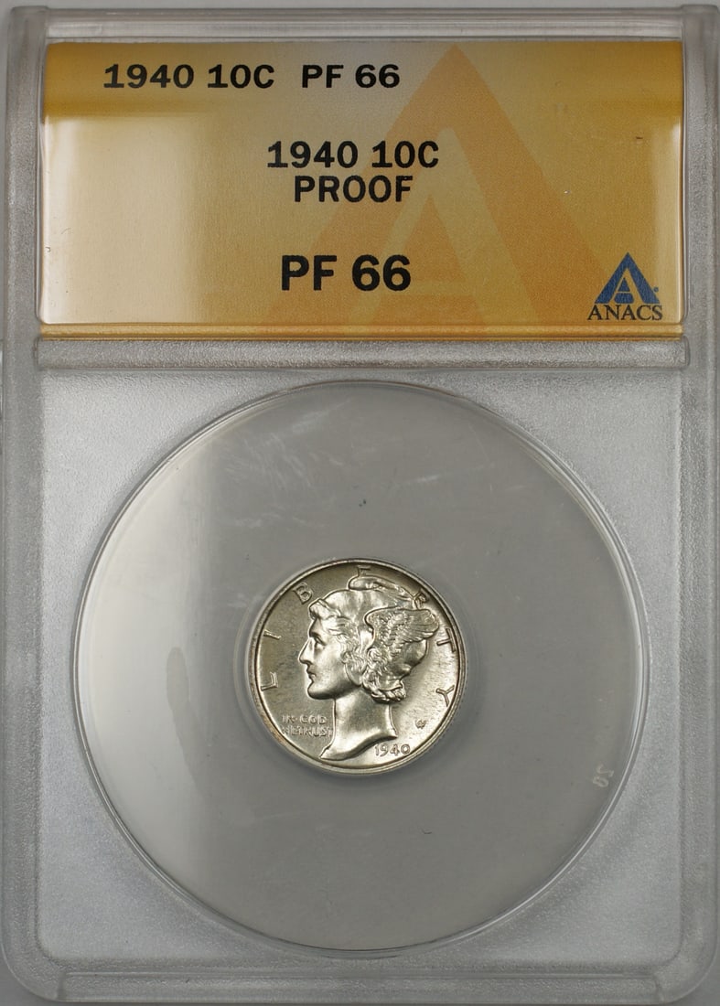 ANACS PF 66 1940 Silver Mercury Dime Proof Coin United States: ANACS PF 66 1940 Silver Mercury Dime Proof Coin United States This 1940 Proof Silver Mercury Dime is certified by ANACS with a grade of PF 66. Minted in Philadelphia, the coin is composed of silver an