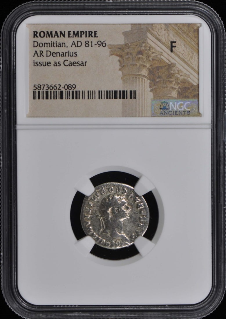 Domitian AR Denarius AD 81-96 NGC F12 Ancient Roman Coin: Domitian AR Denarius AD 81-96 NGC F12 Ancient Roman Coin This Ancient Roman AR Denarius features the reign of Emperor Domitian, who ruled from AD 81-96. Certified by NGC with a grade of F12, this coin