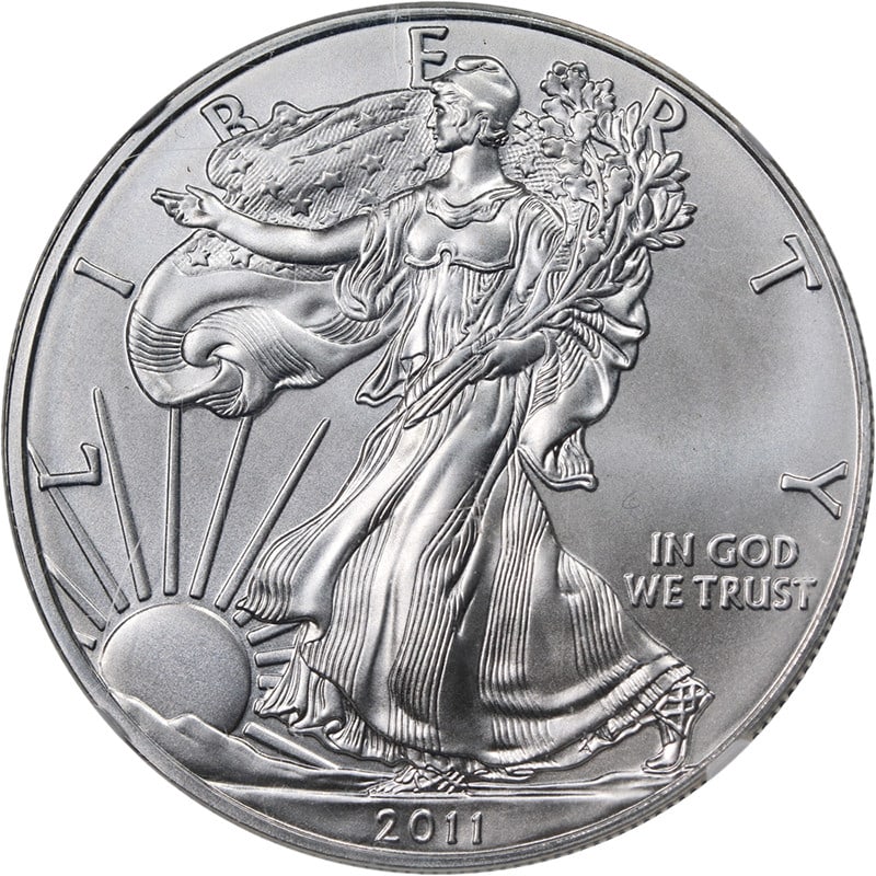 NGC MS70 2011 American Silver Eagle Dollar Brown Label 25th Anniversary: NGC MS70 2011 American Silver Eagle Dollar Brown Label 25th Anniversary Original 2011 Silver American Eagle $1 coin commemorating the 25th Anniversary. Certified by NGC as MS70, this uncirculated silv