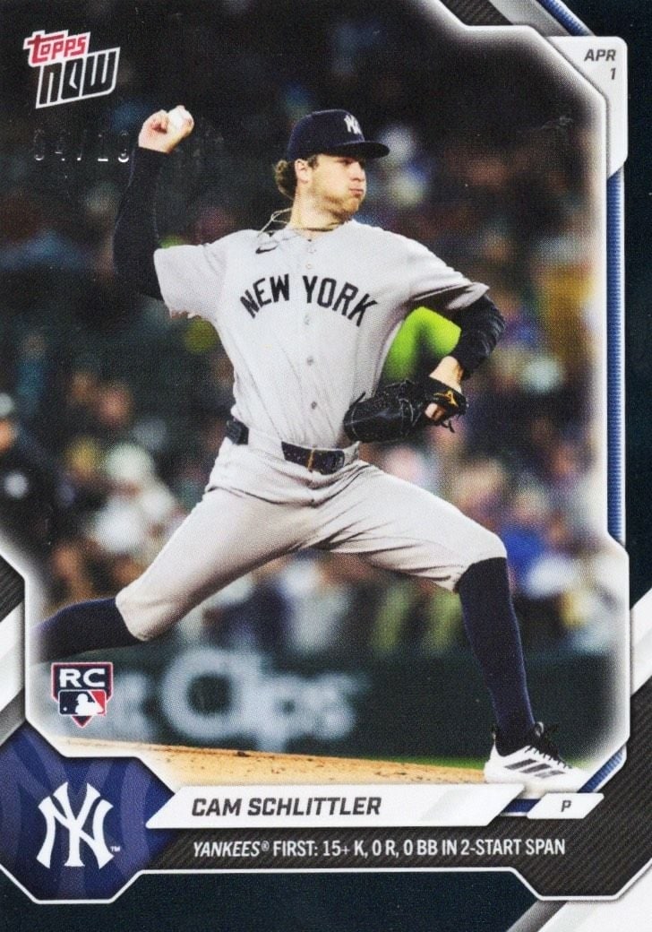 Topps Now #41 Cam Schlittler Rookie Black Foil /10 Yankees Card: Topps Now #41 Cam Schlittler Rookie Black Foil /10 Yankees Card 2026 Topps Now Cam Schlittler #41 Black Foil rookie baseball card featuring Cam Schlittler of the New York Yankees. This pre-owned sport