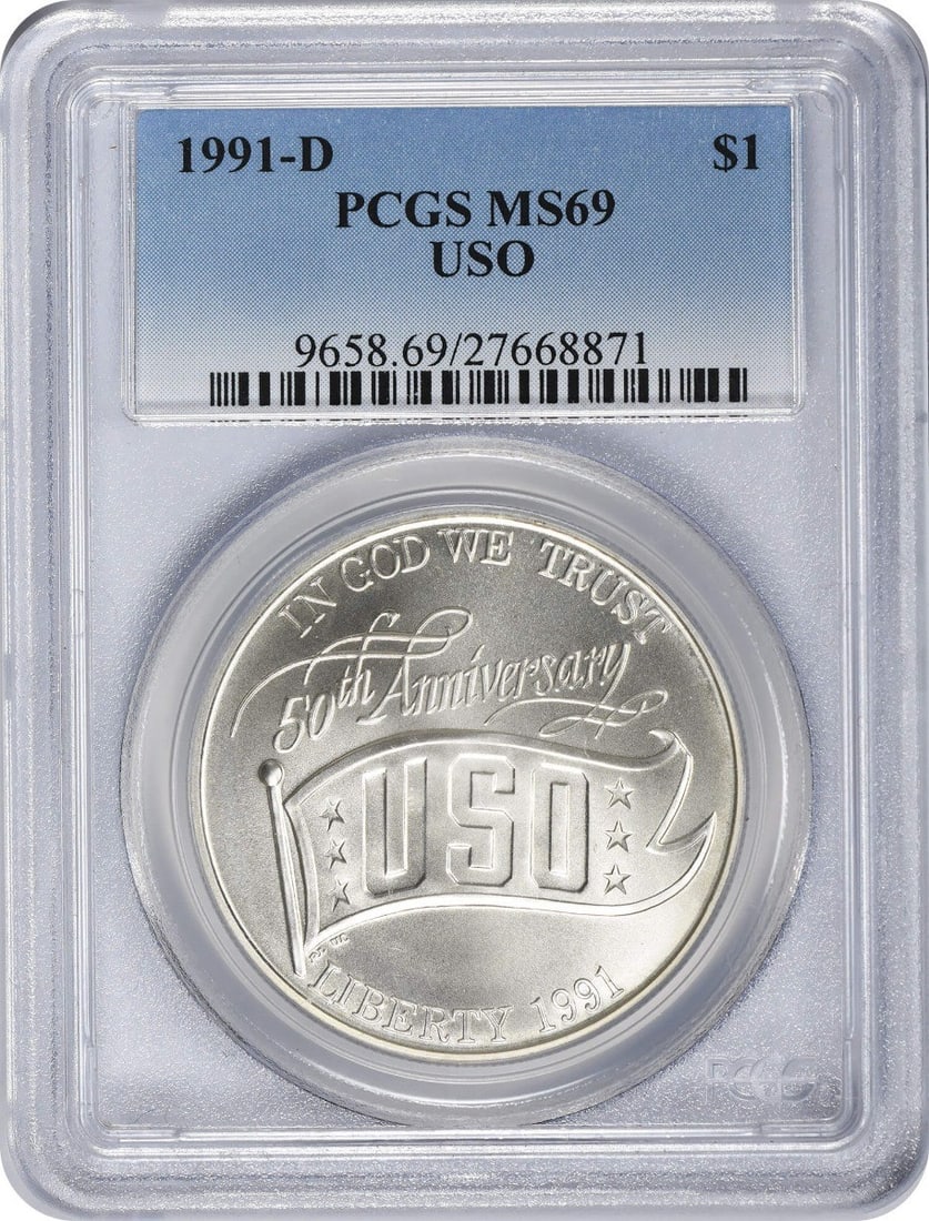 PCGS MS69 1991-D Silver USO Commemorative Dollar Coin from Denver Mint: PCGS MS69 1991-D Silver USO Commemorative Dollar Coin from Denver Mint This 1991-D USO commemorative dollar is a U.S. coin struck at the Denver Mint to honor the United Service Organizations. Certifie