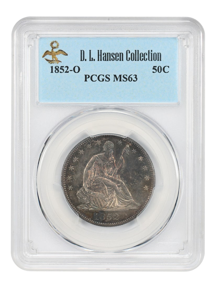 PCGS MS63 1852 O Liberty Seated Half Dollar ex D.L. Hansen: PCGS MS63 1852 O Liberty Seated Half Dollar ex D.L. Hansen 1852-O Liberty Seated Half Dollar graded PCGS MS63, ex: D.L. Hansen. One of the scarcest New Orleans Mint Seated Liberty halves in high grade