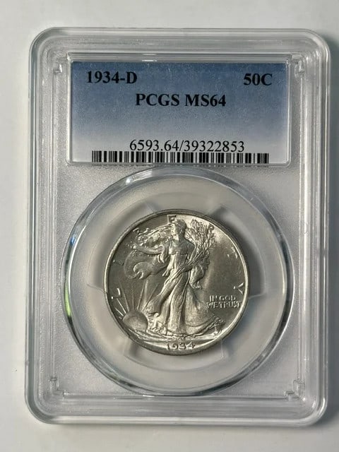 PCGS MS-64 1934-D Walking Liberty Silver Half Dollar: PCGS MS-64 1934-D Walking Liberty Silver Half Dollar Pre-owned 1934-D Walking Liberty Half Dollar certified by PCGS and graded MS 64. This silver 50C coin was struck in Denver and is identified as a w