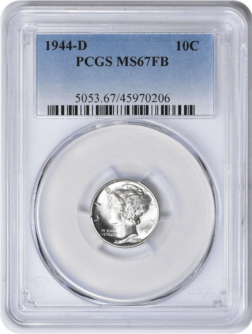 1944 Mercury Silver Dime MS67FB PCGS Denver Mint 10C: 1944 Mercury Silver Dime MS67FB PCGS Denver Mint 10C This 1944 Mercury Silver Dime, graded MS67FB by PCGS, is a stunning example of numismatic craftsmanship. With a composition of 90% silver and 10% c