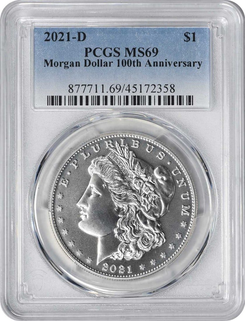PCGS MS69 2021 D Morgan Silver Dollar: PCGS MS69 2021 D Morgan Silver Dollar 2021-D Morgan Silver Dollar graded MS69 by PCGS. This pre-owned uncirculated coin is struck in 99.9% silver and features the classic Morgan design by George T. Mo