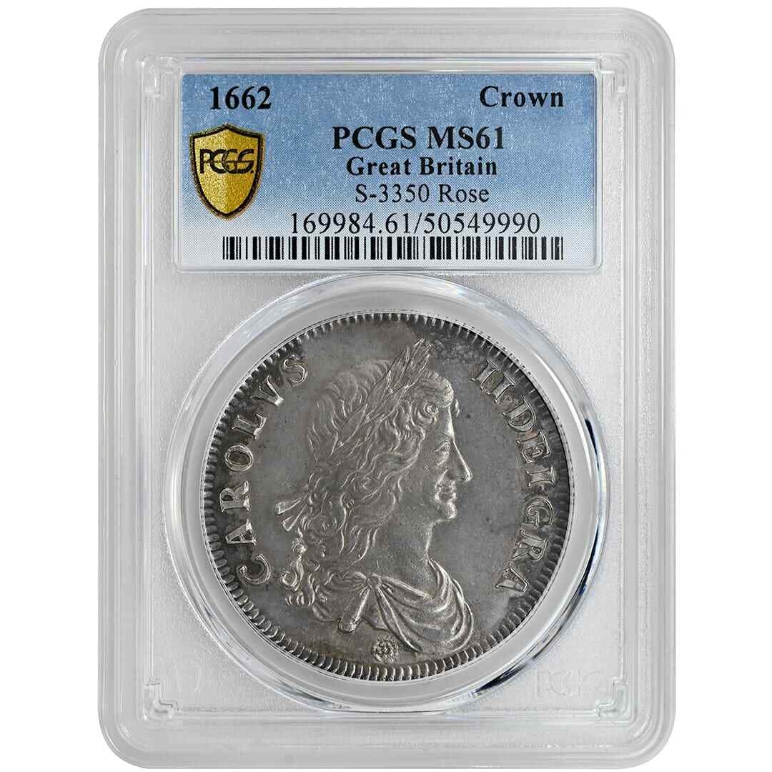 Great Britain 1662 Silver Crown Charles II PCGS MS61: Great Britain 1662 Silver Crown Charles II PCGS MS61 1662 Great Britain Crown of Charles II, graded PCGS MS61. This uncirculated silver coin is an attractive mint state example with medium gray surfac