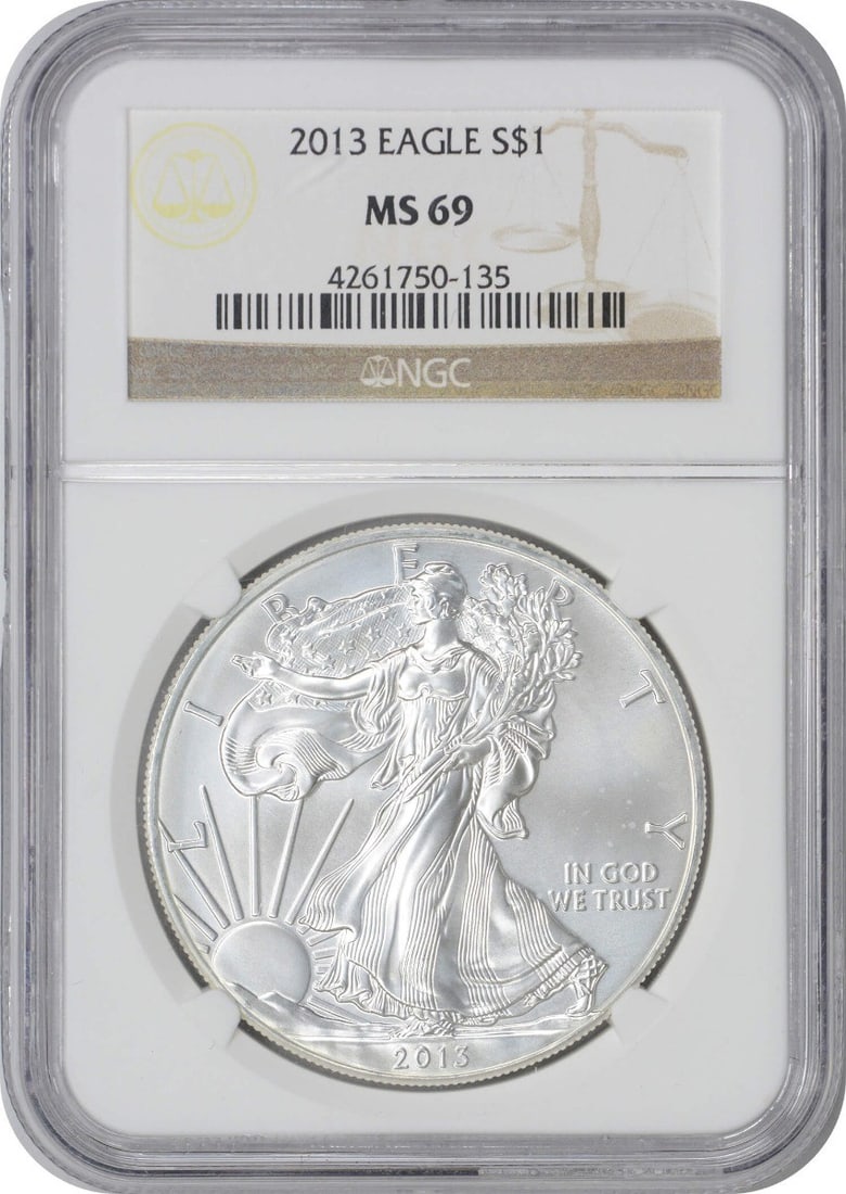 NGC Graded 2013 Silver American Eagle Dollar Coin MS69: NGC Graded 2013 Silver American Eagle Dollar Coin MS69 This 2013 American Silver Eagle Dollar features 1 oz of 0.999 fine silver, graded MS69 by NGC. Minted by the U.S. Mint, it is a certified coin fr