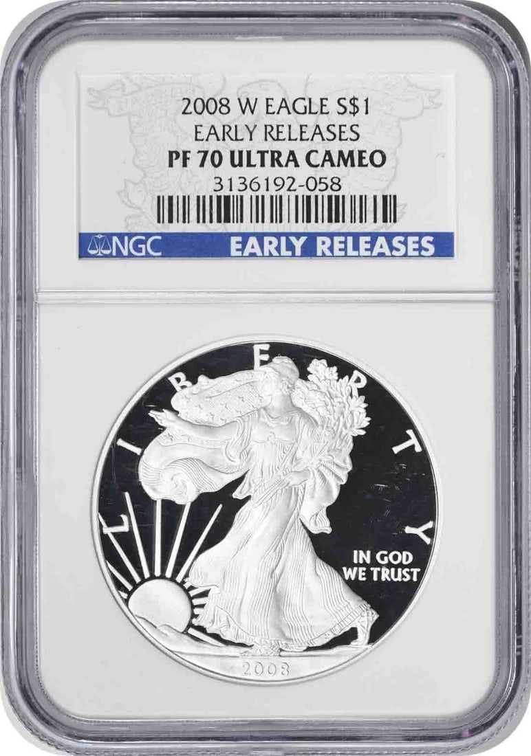 NGC PR70 Proof 2008-W American Silver Eagle Early Releases 1 oz Coin: NGC PR70 Proof 2008-W American Silver Eagle Early Releases 1 oz Coin This 2008-W American Silver Eagle is a proof coin certified by NGC as PR70 Ultra Cameo with the Early Releases designation. Struck 