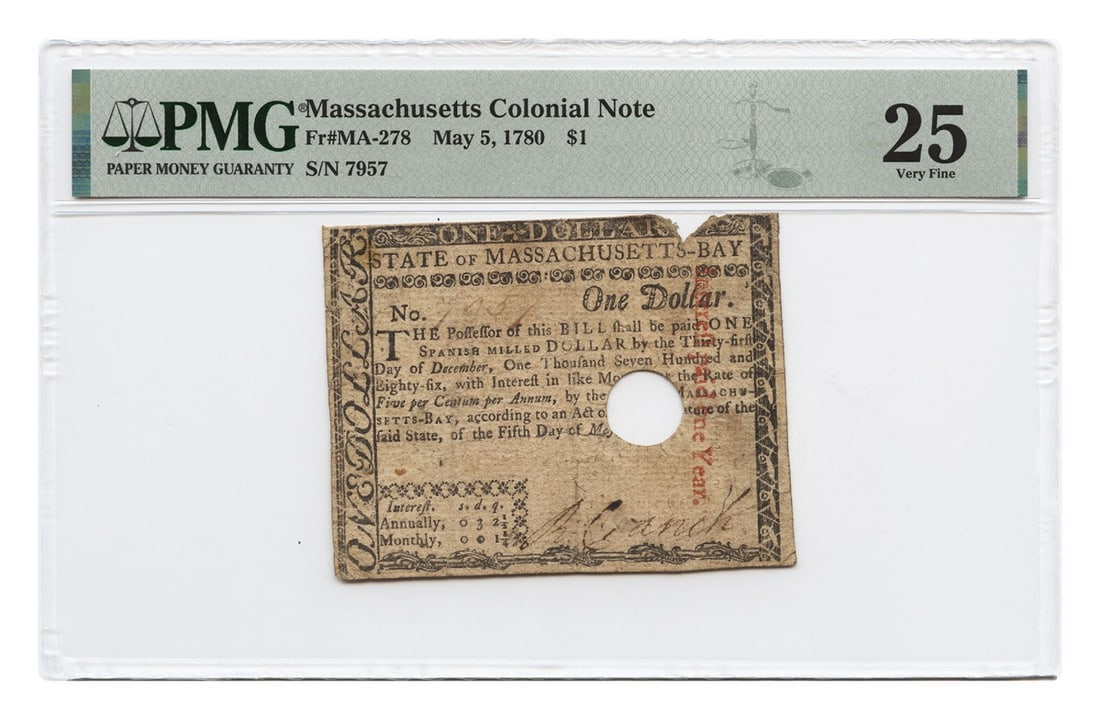 Massachusetts Colonial Currency $1 Note May 5 1780 PMG VF25: Massachusetts Colonial Currency $1 Note May 5 1780 PMG VF25 Massachusetts Colonial Currency $1 note dated May 5, 1780. This circulated example is PMG graded VF25 and is noted as cancelled, with a piec