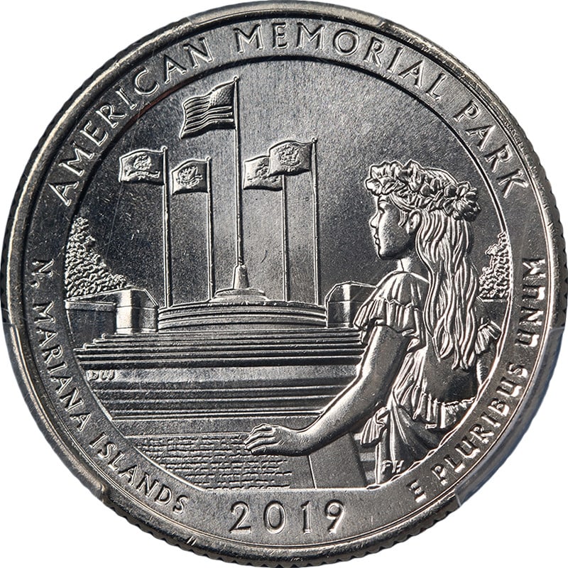 PCGS MS64+ 2019-W American Memorial National Park Quarter: PCGS MS64+ 2019-W American Memorial National Park Quarter Original 2019-W American Memorial National Park 25C certified by PCGS in MS64+ grade. This uncirculated coin offers strong eye appeal with nic