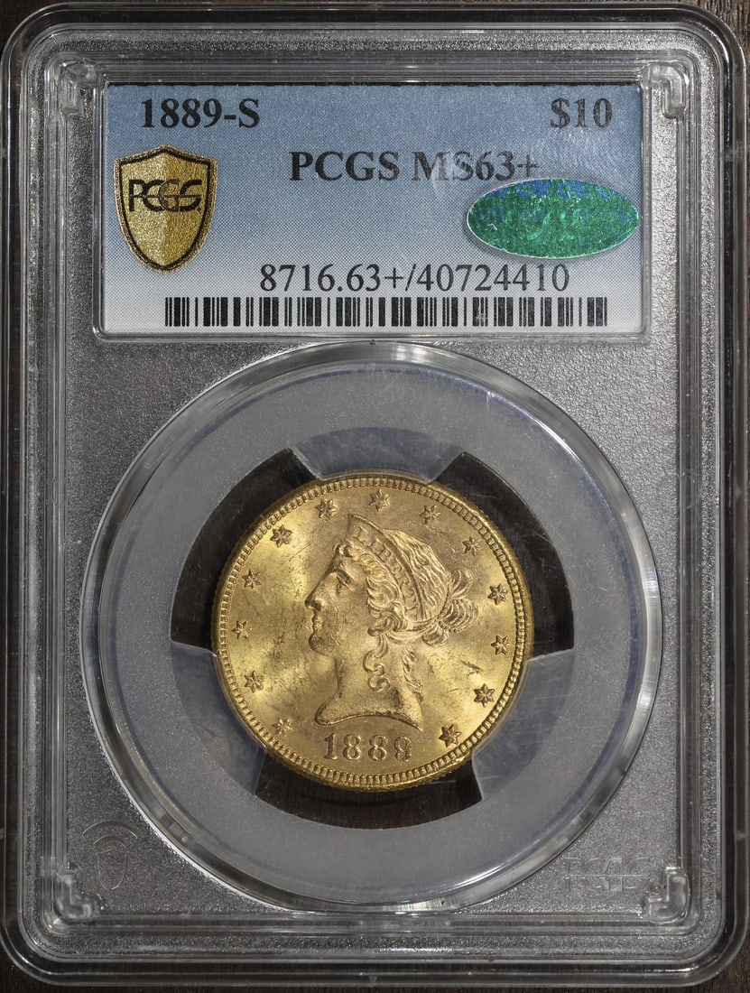 PCGS MS63+ CAC 1889-S Liberty Head $10 Gold Eagle: PCGS MS63+ CAC 1889-S Liberty Head $10 Gold Eagle 1889-S Liberty Head Gold Eagle $10 coin graded MS63+ by PCGS with CAC approval. This pre-1933 United States gold coin is a pre-owned example from the 