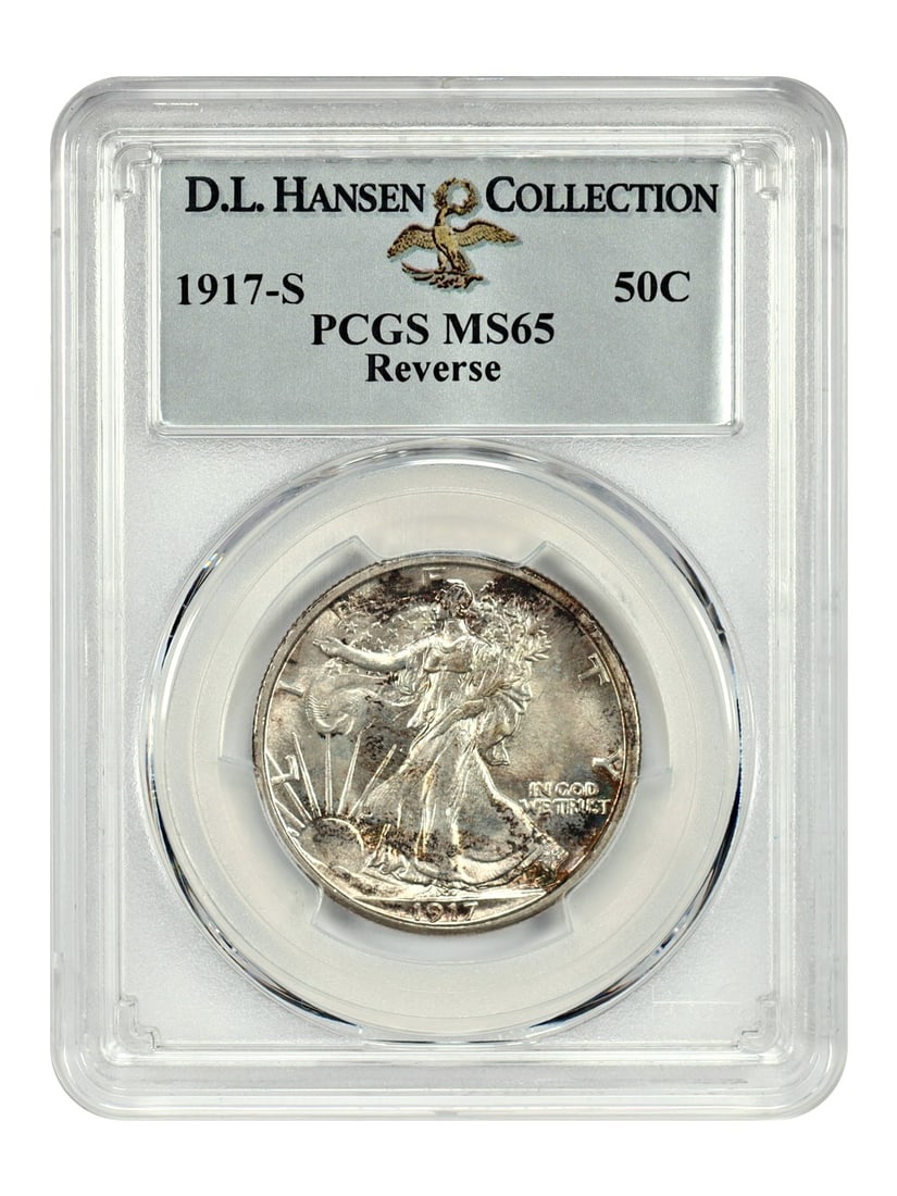 PCGS MS65 1917-S Walking Liberty Half Dollar Reverse Mintmark ex D.L. Hansen: PCGS MS65 1917-S Walking Liberty Half Dollar Reverse Mintmark ex D.L. Hansen 1917-S Walking Liberty Half Dollar certified by PCGS and graded MS65 (Reverse), ex: D.L. Hansen. An important date in the W