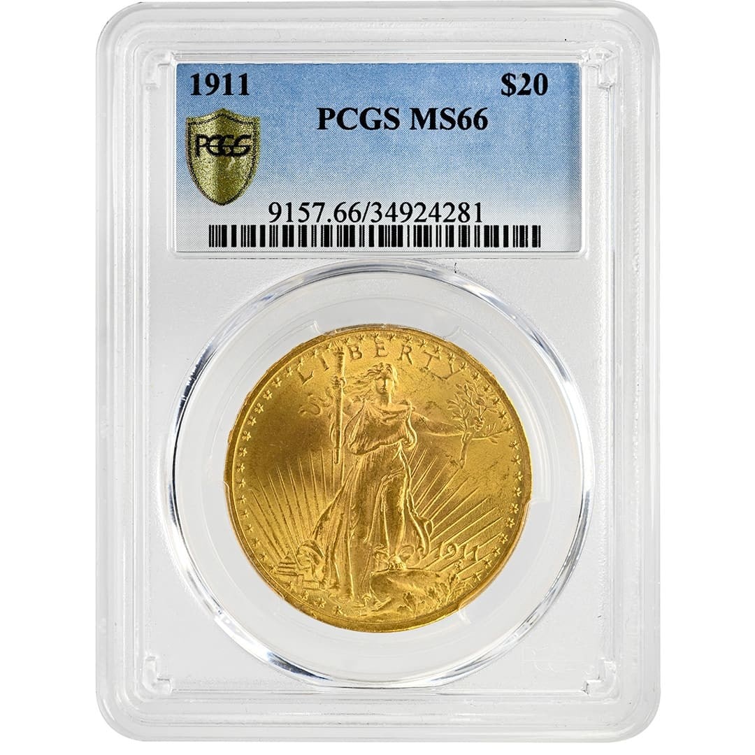 PCGS MS66 1911 Saint Gaudens $20 Double Eagle: PCGS MS66 1911 Saint Gaudens $20 Double Eagle 1911 $20 St. Gaudens gold coin graded PCGS MS66. This uncirculated Type 3 With Motto example is noted in the original listing for sharp detail, frosty lus