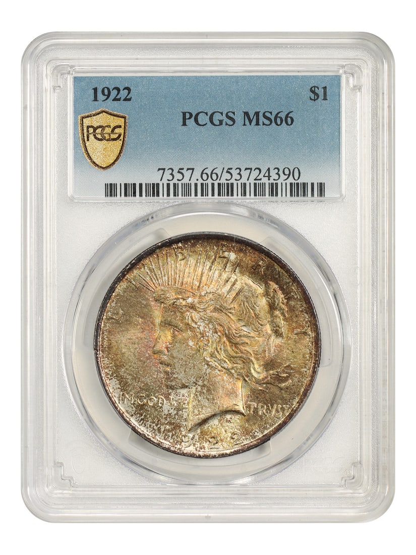 PCGS MS66 1922 Peace Dollar $1 Uncirculated Jewel Toned: PCGS MS66 1922 Peace Dollar $1 Uncirculated Jewel Toned 1922 Peace Dollar certified by PCGS in MS66 grade. This uncirculated example is described as one of the most common dates in the series and is p
