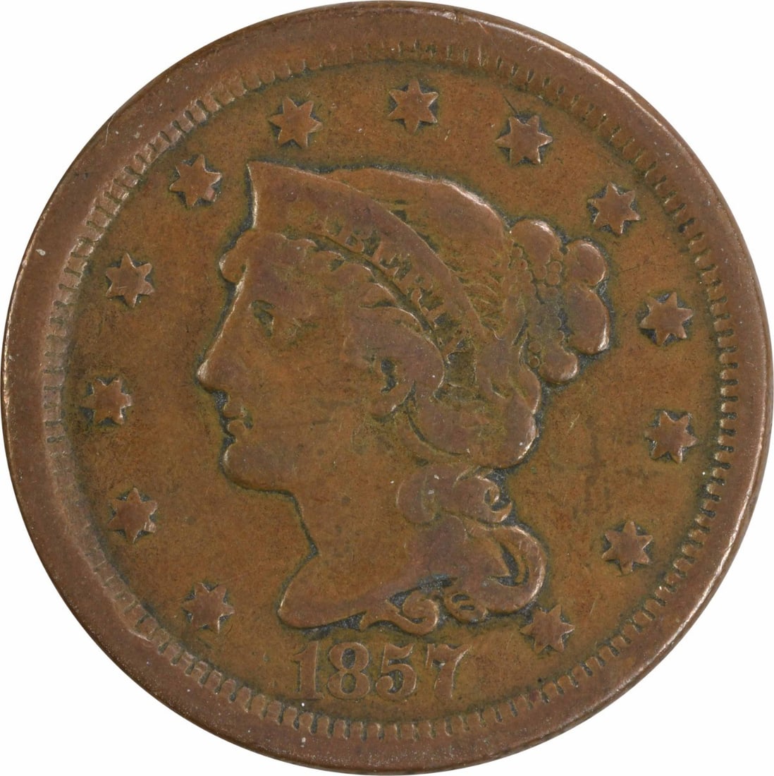 1857 Braided Hair Large Cent VF Copper Uncertified: 1857 Braided Hair Large Cent VF Copper Uncertified 1857 Large Cent Small Date coin from the United States. This circulated Braided Hair large cent is composed of copper and is offered in VF grade. Unc