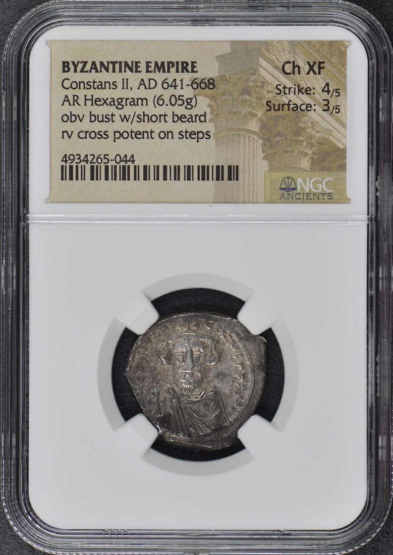 Byzantine Constans II AR Hexagram NGC XF45: Byzantine Constans II AR Hexagram NGC XF45 This is a Byzantine Empire AR hexagram from the reign of Constans II, dated AD 641-668. The coin has been certified by NGC with a grade of XF45, indicating i