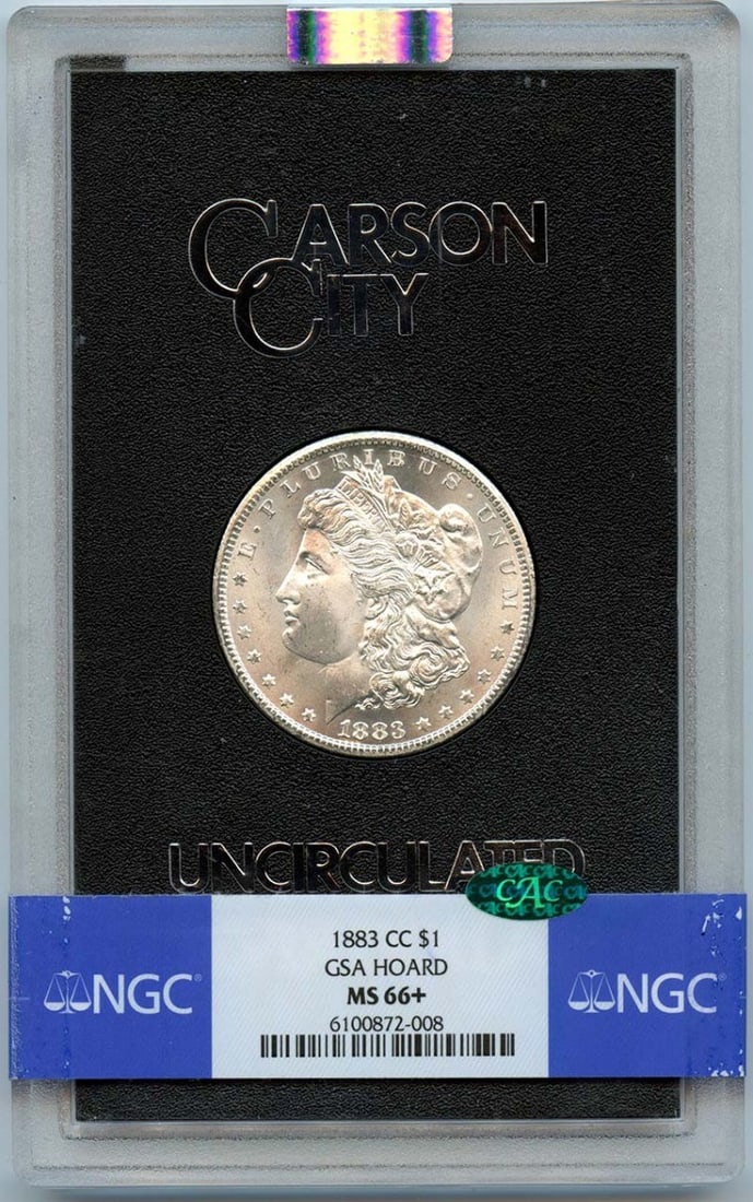 NGC MS66 Plus CAC Carson City 1883 Morgan Dollar GSA Hoard: NGC MS66 Plus CAC Carson City 1883 Morgan Dollar GSA Hoard This 1883-CC Morgan Dollar from the GSA Hoard is graded MS66+ by NGC and features a CAC sticker for premium quality. Struck at the Carson Cit