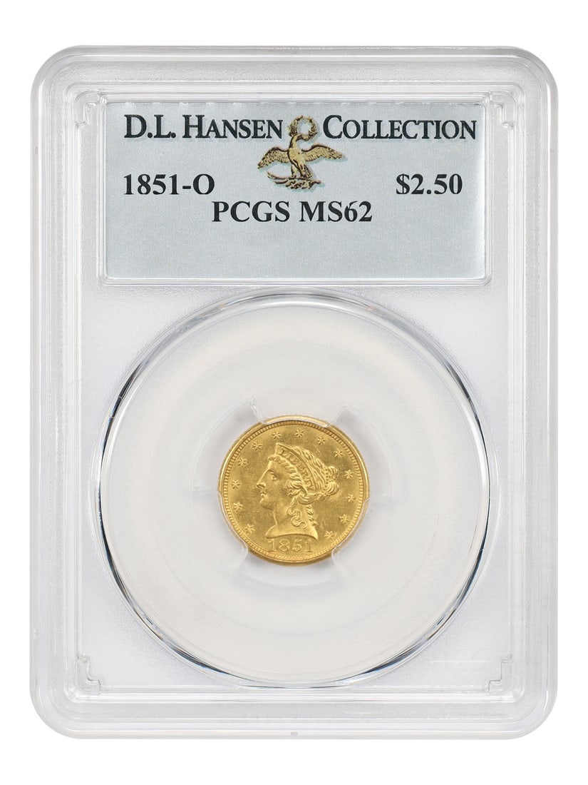 1851-O Liberty Head $2.50 Gold Coin PCGS MS62 ex D.L. Hansen: 1851-O Liberty Head $2.50 Gold Coin PCGS MS62 ex D.L. Hansen 1851-O Liberty Head $2.50 gold coin certified by PCGS MS62. This New Orleans Mint issue comes from a mintage of 148,000 pieces, and only 20
