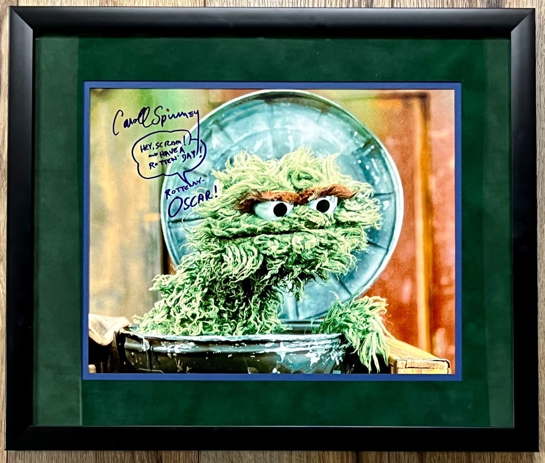 Carroll Spinney Signed Oscar the Grouch 11x14 Framed Display Beckett Authenticated: Carroll Spinney Signed Oscar the Grouch 11x14 Framed Display Beckett Authenticated This stunning custom framed display features an 11x14 photo signed by Carroll Spinney, the legendary voice and puppet
