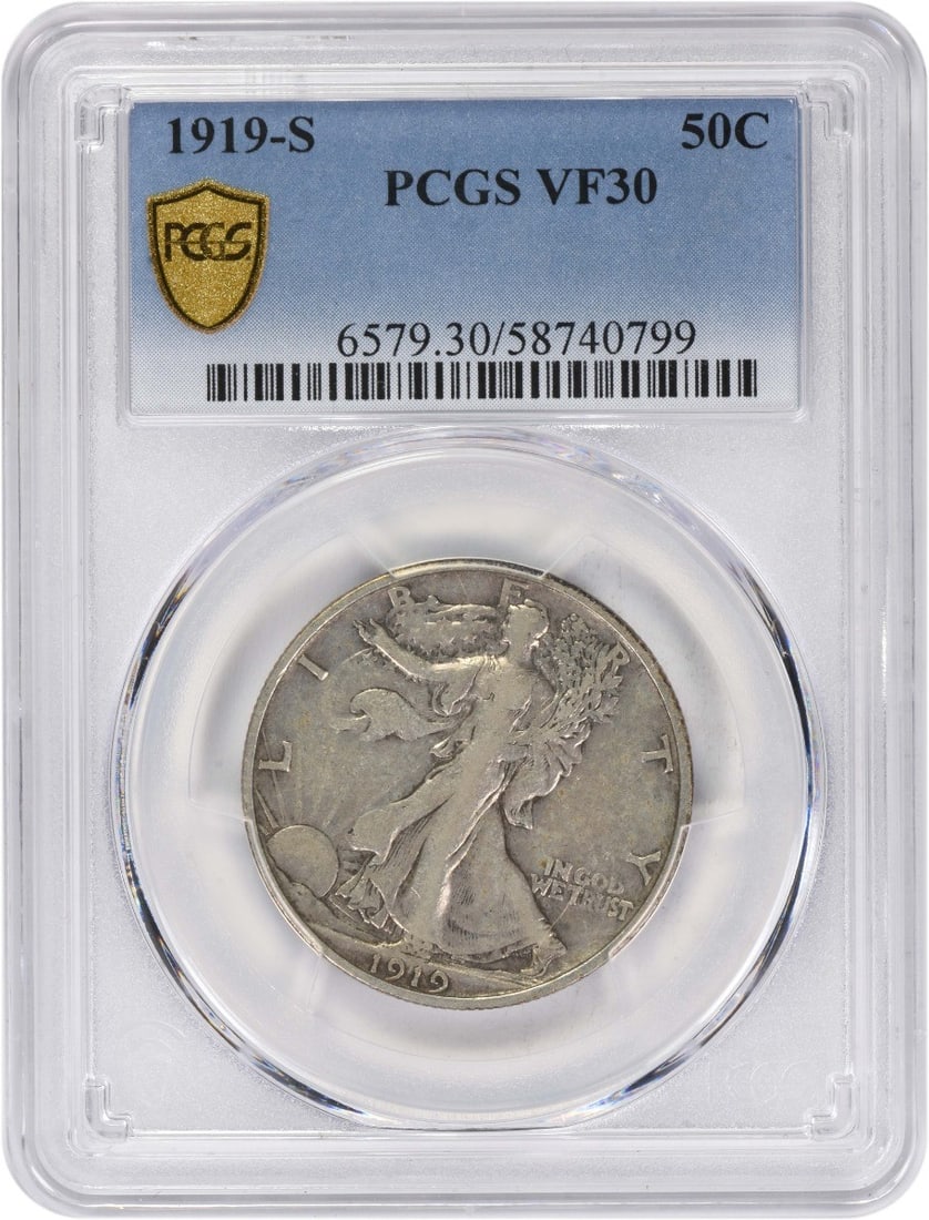 VF30 Grade 1919 San Francisco Liberty Walking Half Dollar PCGS Certified: VF30 Grade 1919 San Francisco Liberty Walking Half Dollar PCGS Certified This 1919-S Walking Liberty Half Dollar is graded VF30 by PCGS and features the iconic design by Adolph Alexander Weinman. Stru