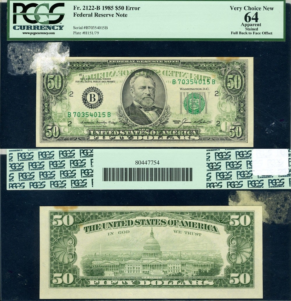 1985 $50 FR 2122-B Federal Reserve Note Offset Error PCGS Choice CU64 (1 of 3)