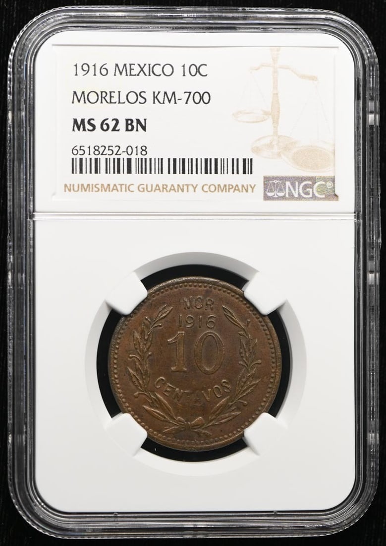 Mexico 1916 Morelos 10C KM-700 GB-276 NGC MS62BN Coin: Mexico 1916 Morelos 10C KM-700 GB-276 NGC MS62BN Coin 1916 Mexico Morelos 10 centavos coin certified by NGC and graded MS62BN. This pre-owned coin is listed as uncirculated and features the KM-700 and