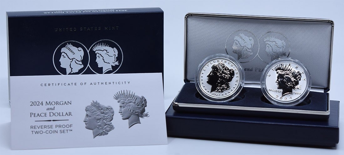 2024 Reverse Proof Silver Dollar 2 Coin Set Morgan Peace OGP: 2024 Reverse Proof Silver Dollar 2 Coin Set Morgan Peace OGP 2024 reverse proof two-coin set featuring a Morgan Dollar and a Peace Dollar in original government packaging. This pre-owned set includes 