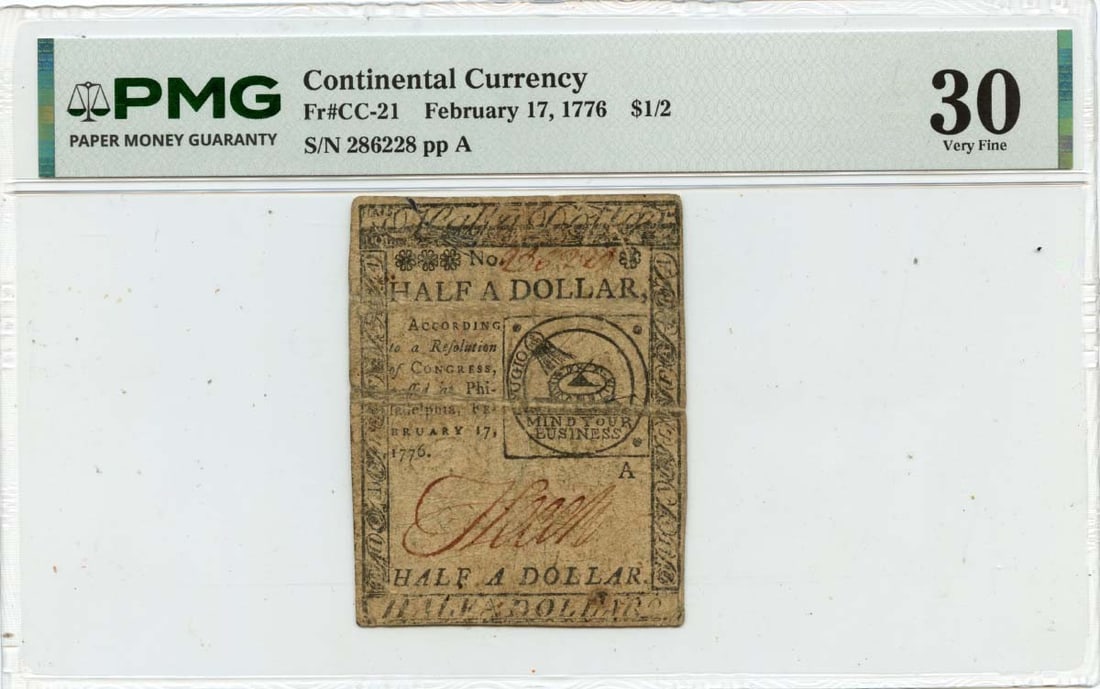 February 17 1776 Half Dollar Continental Currency PMG VF30 Graded Note: February 17 1776 Half Dollar Continental Currency PMG VF30 Graded Note This is a 1776 February 17, $1/2 Continental Currency note, graded VF30 by PMG. The note is circulated and originates from the Un