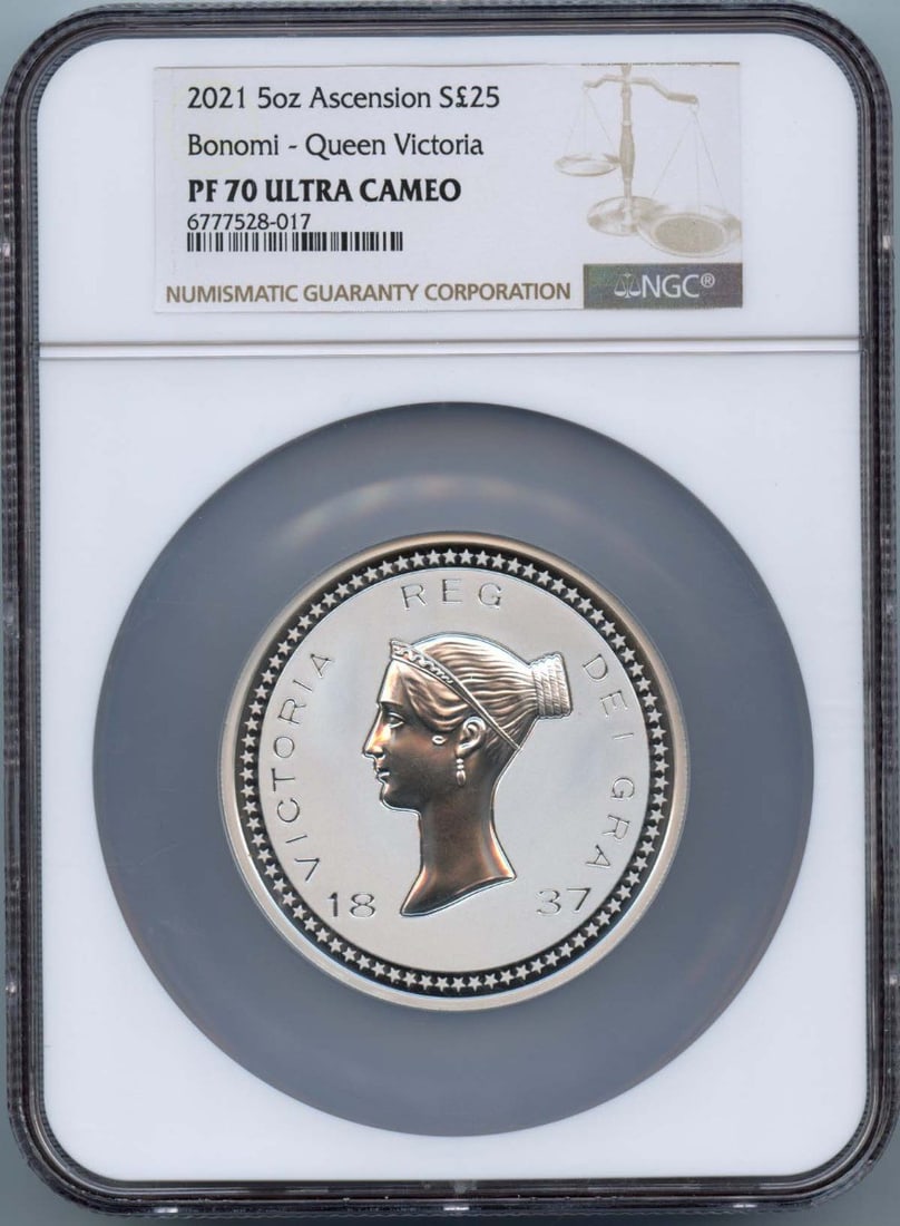 NGC PR70DCAM 2021 Ascension Bonomi Queen Victoria 5 oz coin: NGC PR70DCAM 2021 Ascension Bonomi Queen Victoria 5 oz coin This 2021 Ascension Bonomi Queen Victoria coin is struck from 5 ounces of silver and features a face value of S25PND. Graded PR70DCAM by NGC