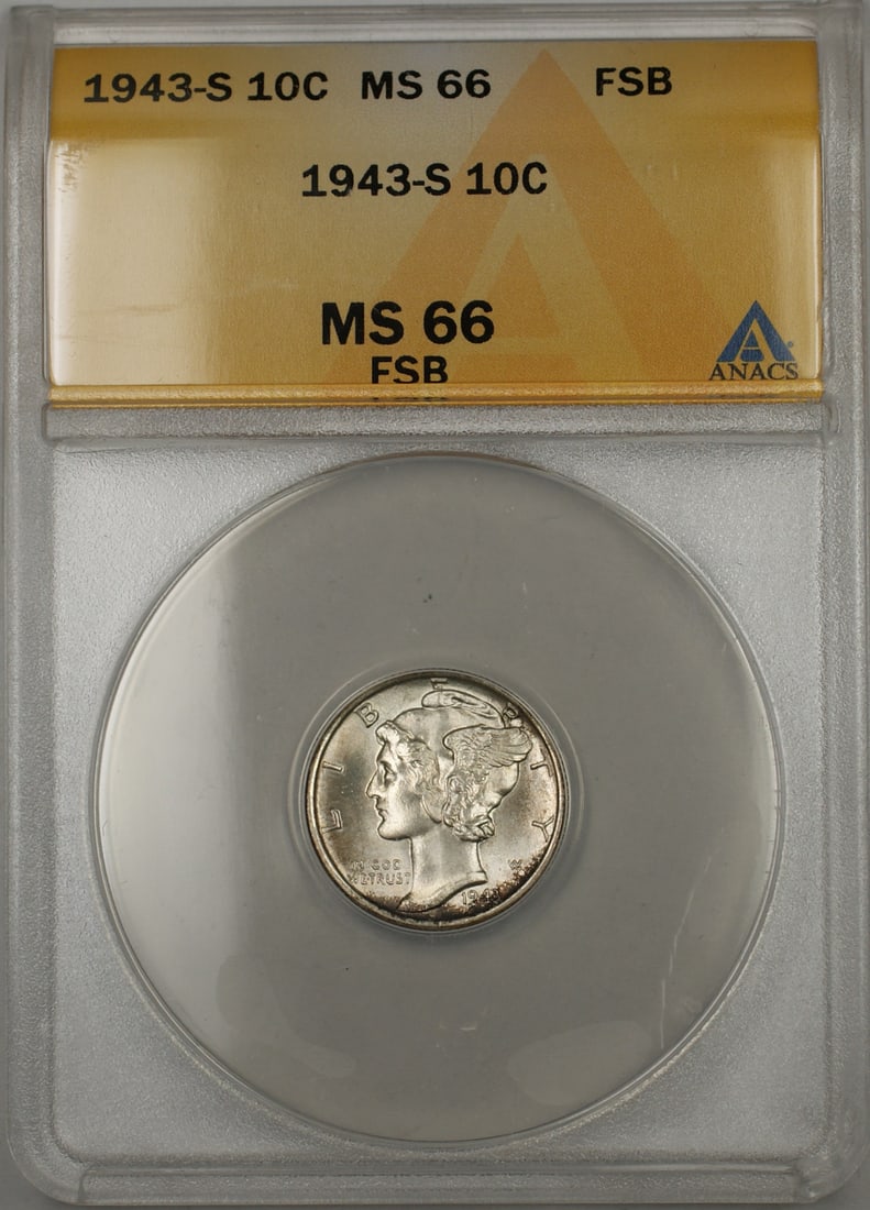 ANACS MS 66 1943-S Mercury dime silver: ANACS MS 66 1943-S Mercury dime silver This 1943-S Mercury Dime is a silver ten-cent coin from the United States, minted in San Francisco. It has been certified by ANACS and graded MS 66, indicating a