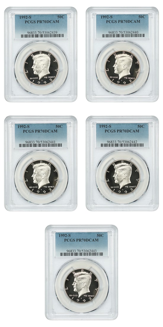 5 1992-S Kennedy Half Dollar 50C Coins PCGS PR70DCAM: 5 1992-S Kennedy Half Dollar 50C Coins PCGS PR70DCAM This lot includes five 1992-S Kennedy Half Dollars, each certified by PCGS with a PR70DCAM grade. The coins are uncirculated and identified as pre-