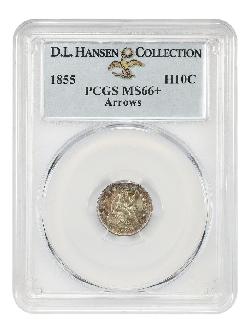 Liberty Seated Half Dime 1855 H10C PCGS MS66+ Arrows ex D.L. Hansen: Liberty Seated Half Dime 1855 H10C PCGS MS66+ Arrows ex D.L. Hansen 1855 Liberty Seated Half Dime certified by PCGS as MS66+ (Arrows), ex: D.L. Hansen. This uncirculated example is noted as a tough co