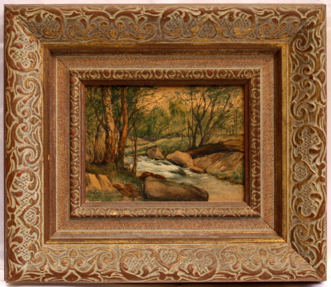 1950s John Fabion Oil on Board Nature Painting in Handmade Frame: 1950s John Fabion Oil on Board Nature Painting in Handmade Frame This stunning oil on board painting, created by the noted American artist John Fabion in the 1950s, showcases a beautiful depiction of 