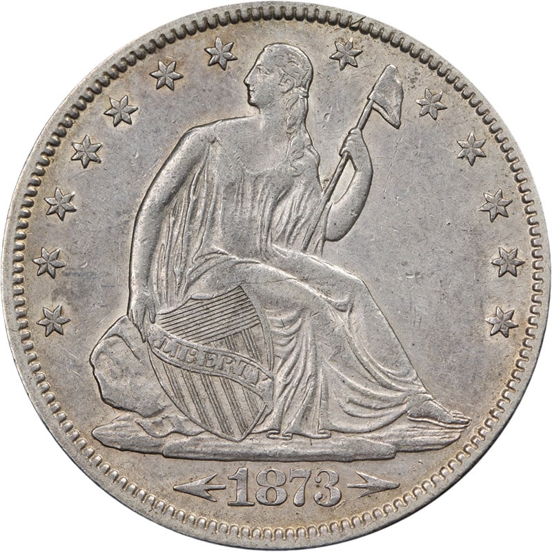 1873 P Arrows Seated Liberty Half Dollar Silver AU+: 1873 P Arrows Seated Liberty Half Dollar Silver AU+ Original 1873-P Seated Half Dollar 'Arrows' coin with Choice AU+ grade. This circulated silver coin shows great eye appeal, a strong strike, great c