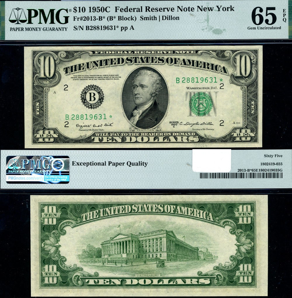 1950-C $10 Federal Reserve Note New York Gem PMG CU65 EPQ: 1950-C $10 Federal Reserve Note New York Gem PMG CU65 EPQ This $10 1950-C Federal Reserve Note from New York in the B-* Block is a stunning piece graded as Gem CU65 EPQ by PMG. It showcases excellent 