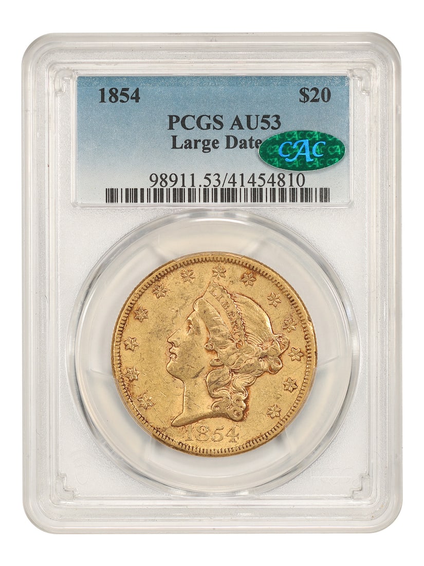 1854 Liberty Head $20 Gold Coin Large Date PCGS AU53 CAC: 1854 Liberty Head $20 Gold Coin Large Date PCGS AU53 CAC An 1854 Liberty Head $20 gold coin, graded AU53 by PCGS and approved by CAC. This is the Large Date variety, described as the much scarcer vari