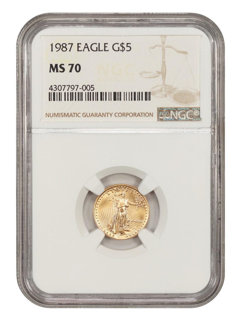 NGC MS70 1987 $5 Gold Eagle Coin: NGC MS70 1987 $5 Gold Eagle Coin 1987 $5 Gold Eagle graded MS70 by NGC. This uncirculated coin was minted in Philadelphia and is identified by certification number 4307797005. Condition is pre-owned. 