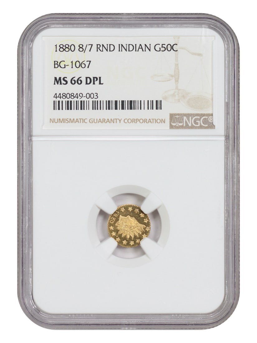 California Fractional Gold 1880 50C BG-1067 NGC MS66DMPL: California Fractional Gold 1880 50C BG-1067 NGC MS66DMPL California Fractional Gold 50C dated 1880/70, certified by NGC as MS66DMPL. This pre-owned uncirculated coin features needle-sharp details and 